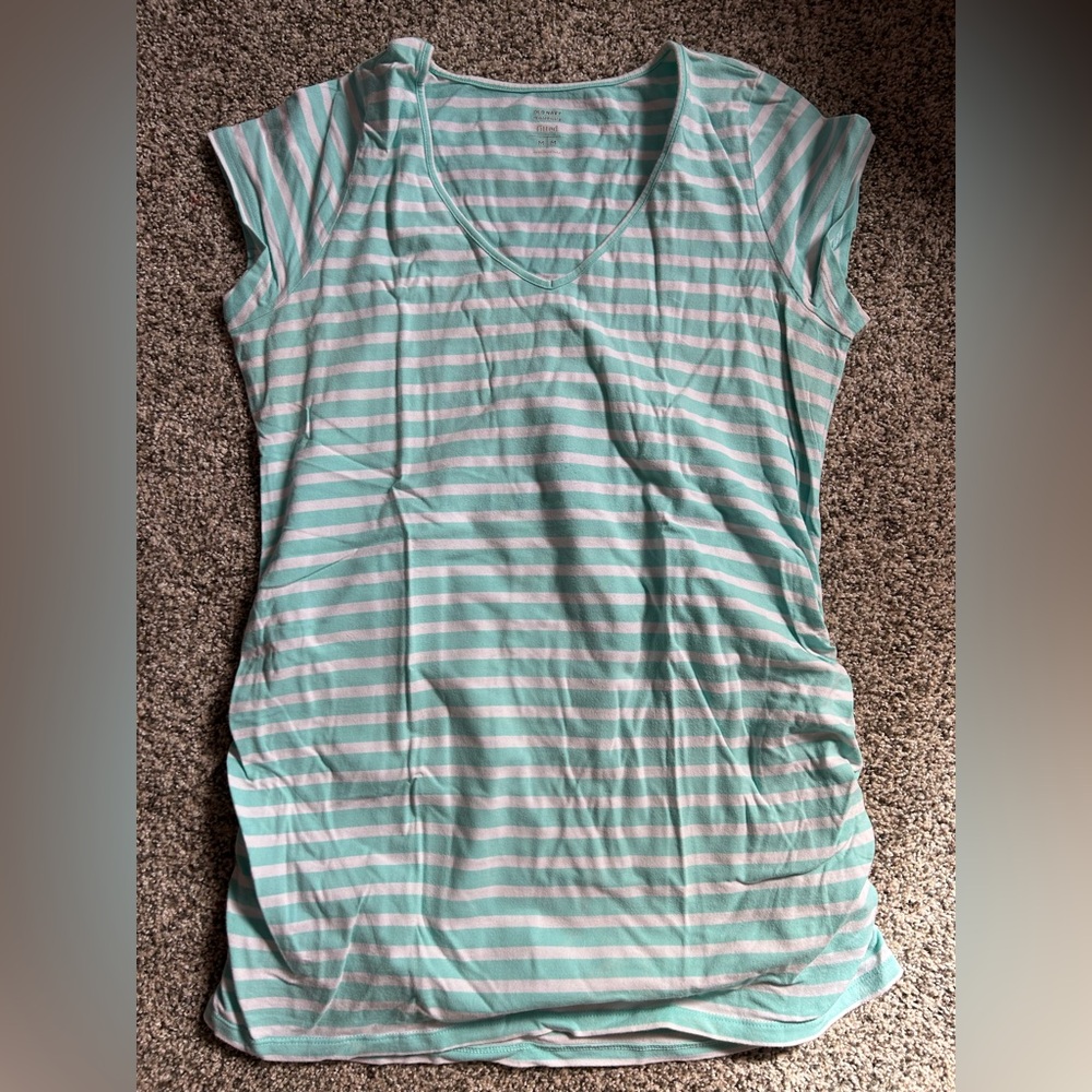 Old Navy maternity teal and white striped short sleeve shirt medium m